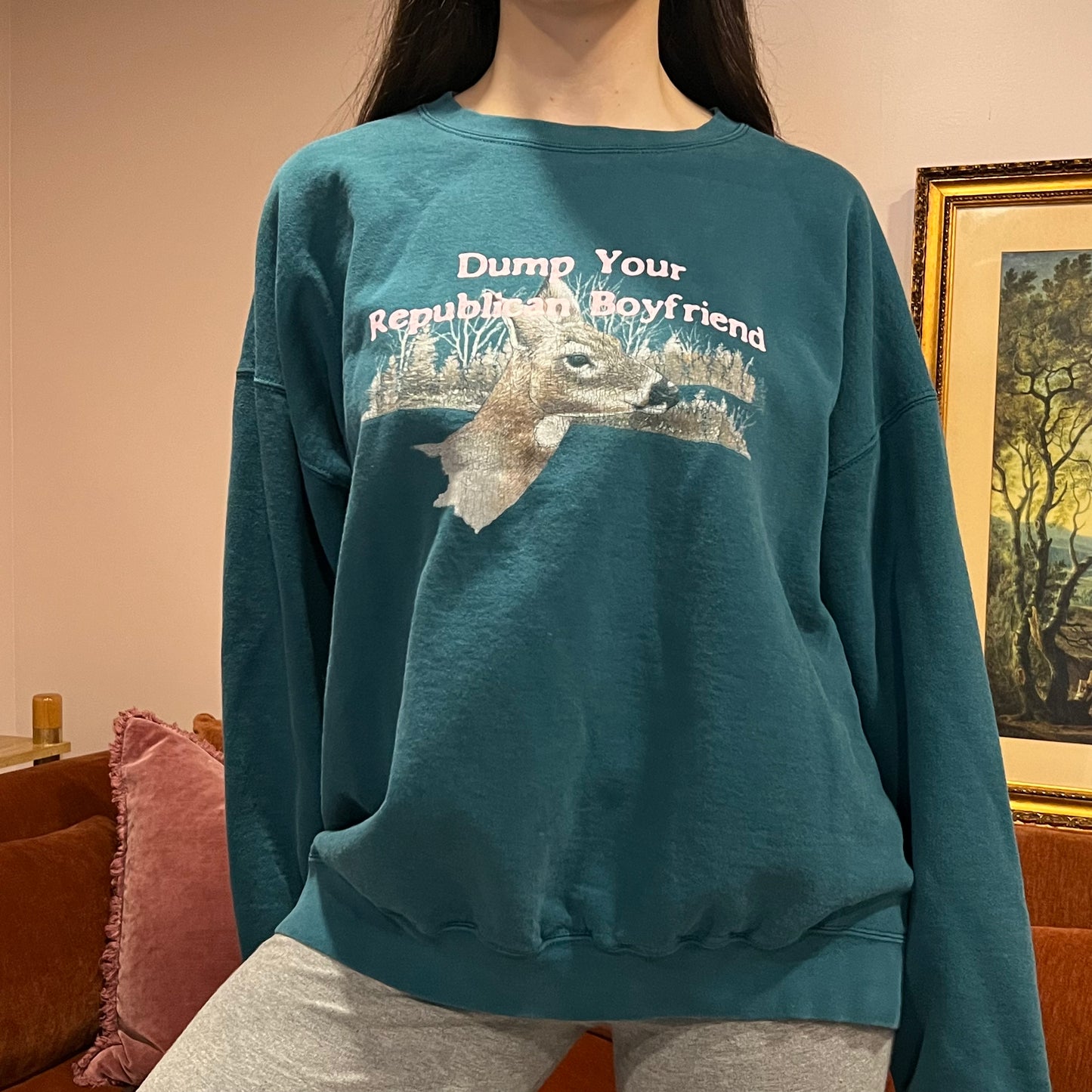 DUMP YOUR REPUBLICAN BOYFRIEND animal crewneck with pink text (2XL)