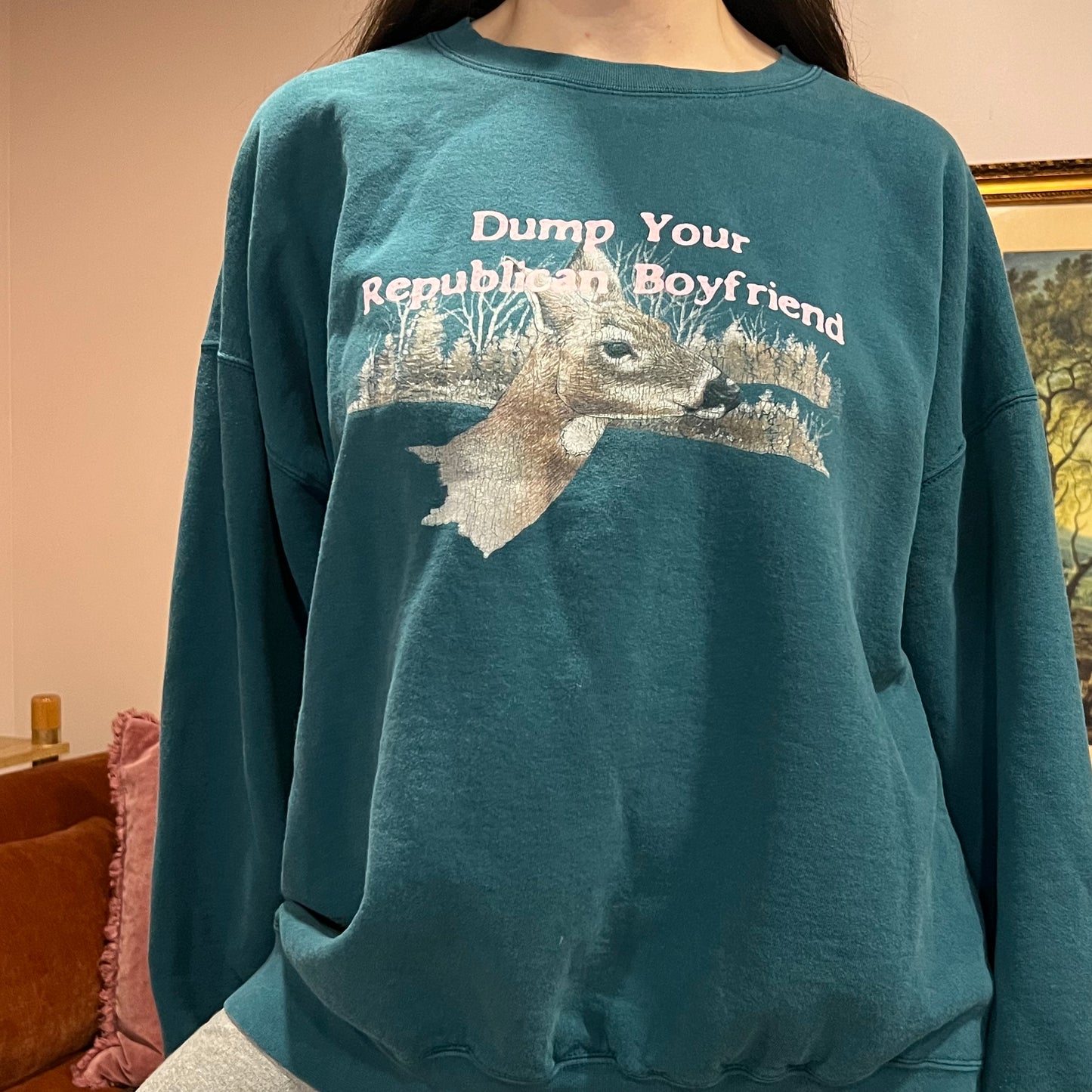 DUMP YOUR REPUBLICAN BOYFRIEND animal crewneck with pink text (2XL)