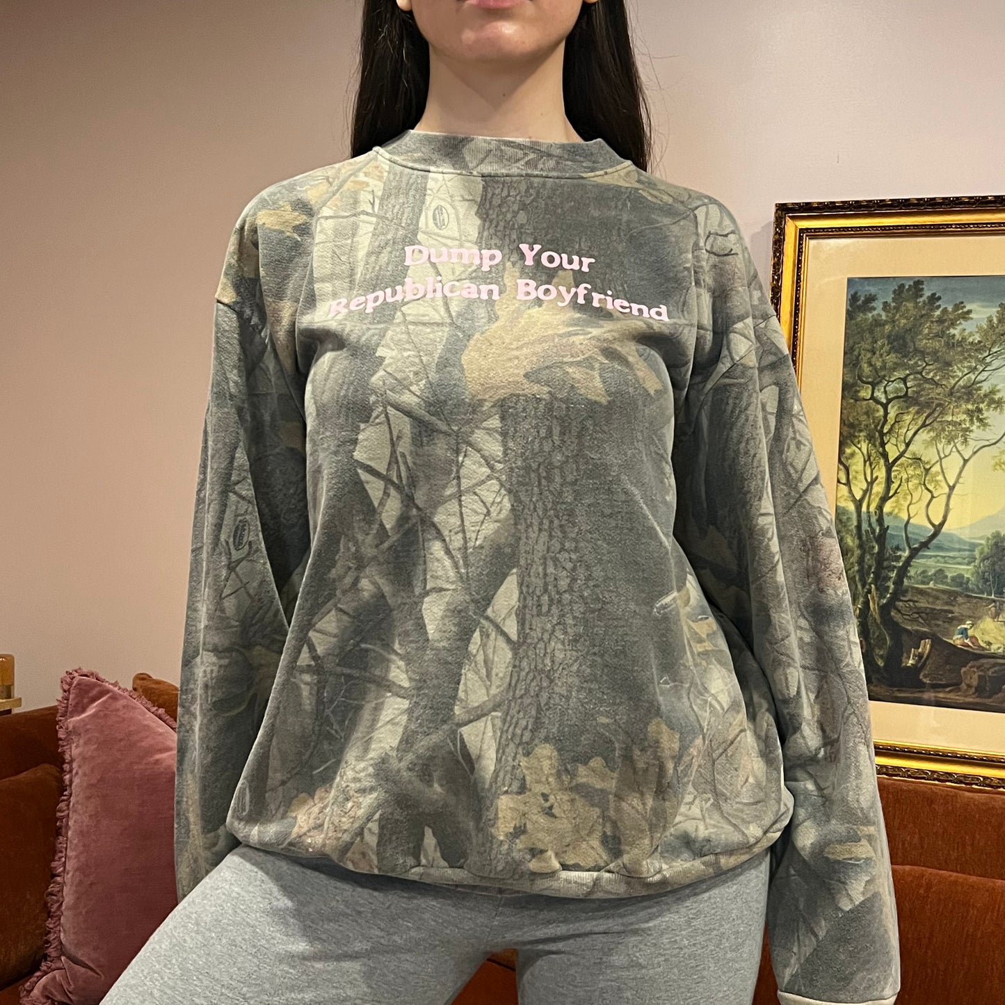 DUMP YOUR REPUBLICAN BOYFRIEND camo crewneck with pink text (XL)