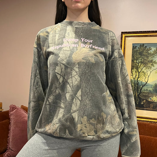 DUMP YOUR REPUBLICAN BOYFRIEND camo crewneck with pink text (XL)