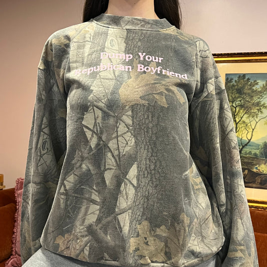 DUMP YOUR REPUBLICAN BOYFRIEND camo crewneck with pink text (XL)