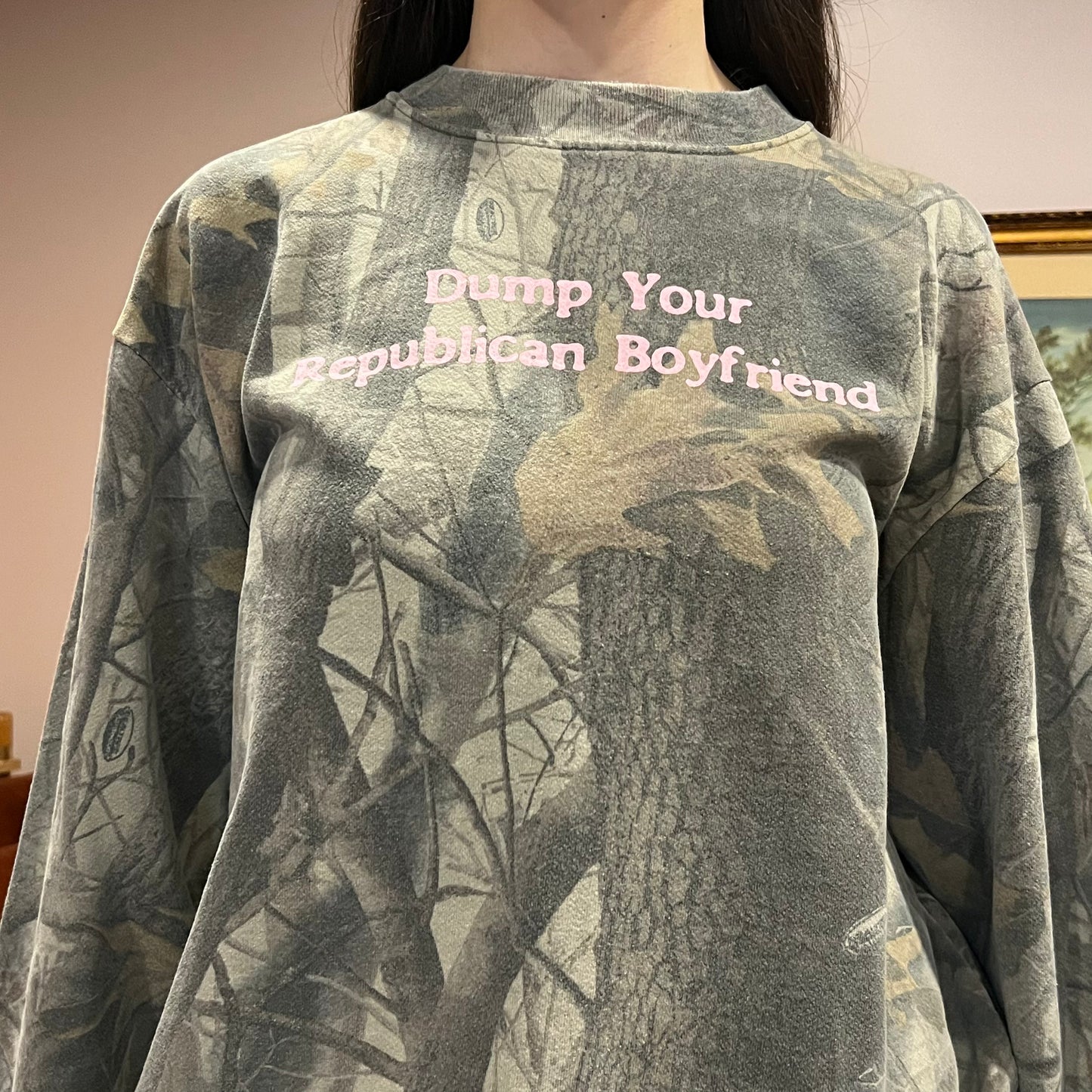DUMP YOUR REPUBLICAN BOYFRIEND camo crewneck with pink text (XL)
