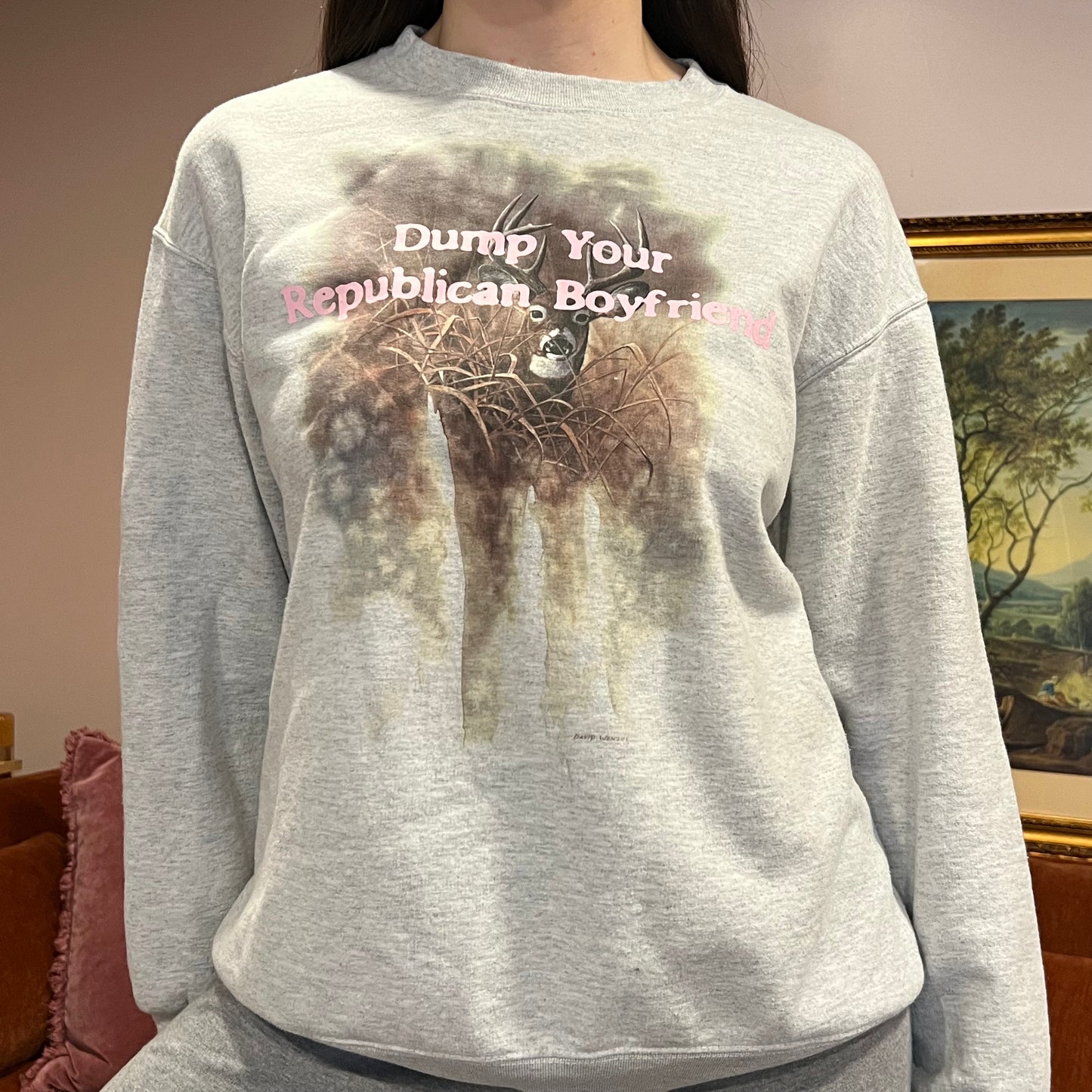 DUMP YOUR REPUBLICAN BOYFRIEND animal crewneck with pink text (L)