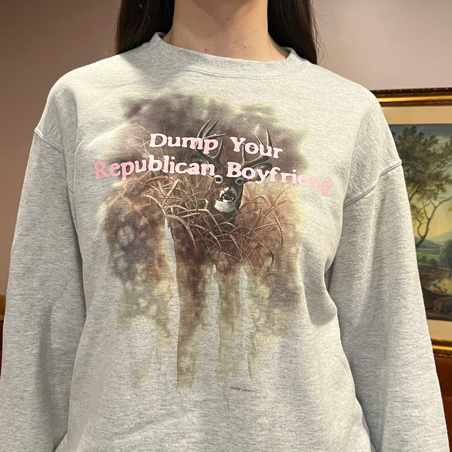 DUMP YOUR REPUBLICAN BOYFRIEND animal crewneck with pink text (L)