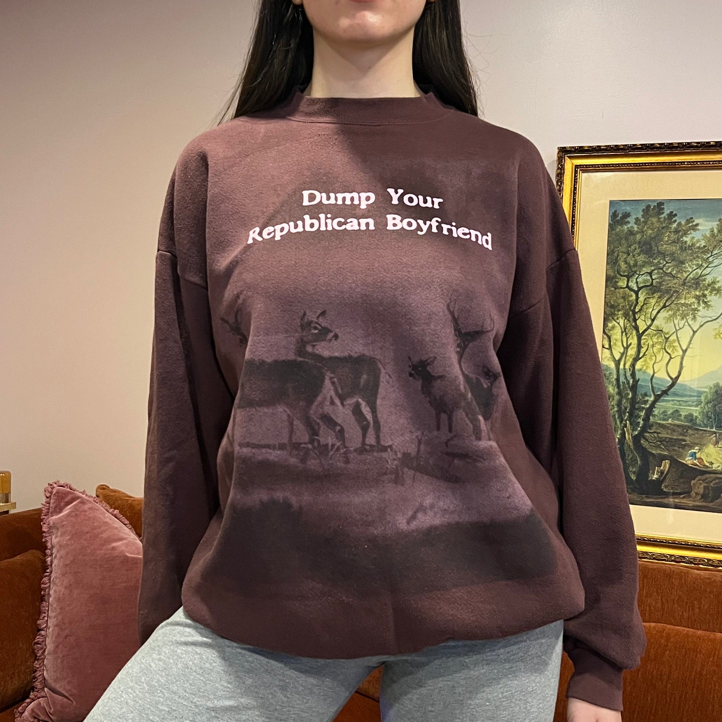 DUMP YOUR REPUBLICAN BOYFRIEND animal crewneck with pink text (XL)
