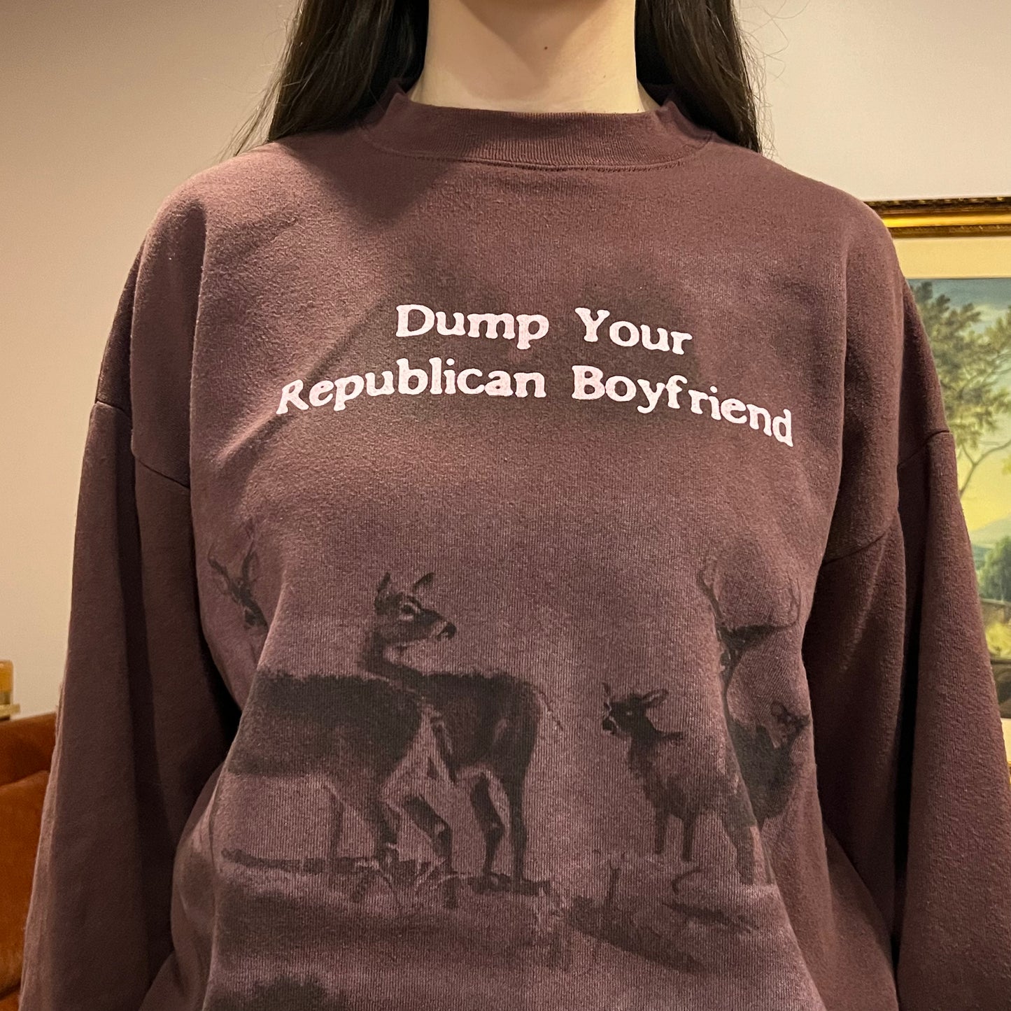 DUMP YOUR REPUBLICAN BOYFRIEND animal crewneck with pink text (XL)