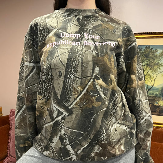 DUMP YOUR REPUBLICAN BOYFRIEND camo crewneck with pink text (M)