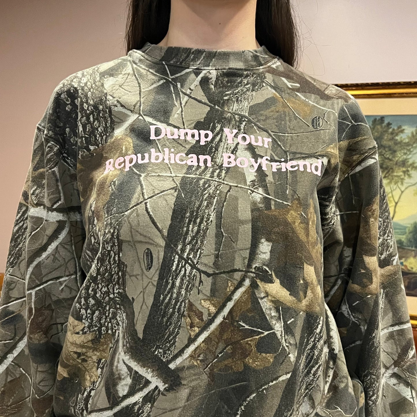 DUMP YOUR REPUBLICAN BOYFRIEND camo crewneck with pink text (M)