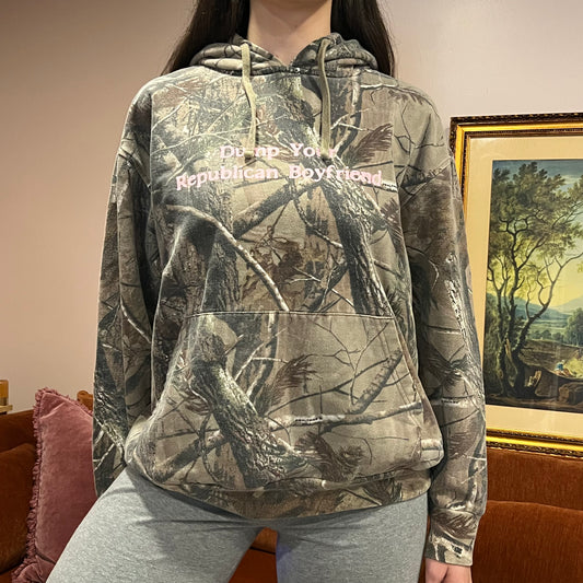 DUMP YOUR REPUBLICAN BOYFRIEND camo hoodie with pink text (XL)