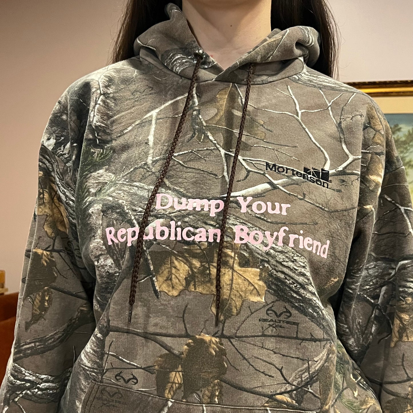 DUMP YOUR REPUBLICAN BOYFRIEND camo hoodie with pink text (L)