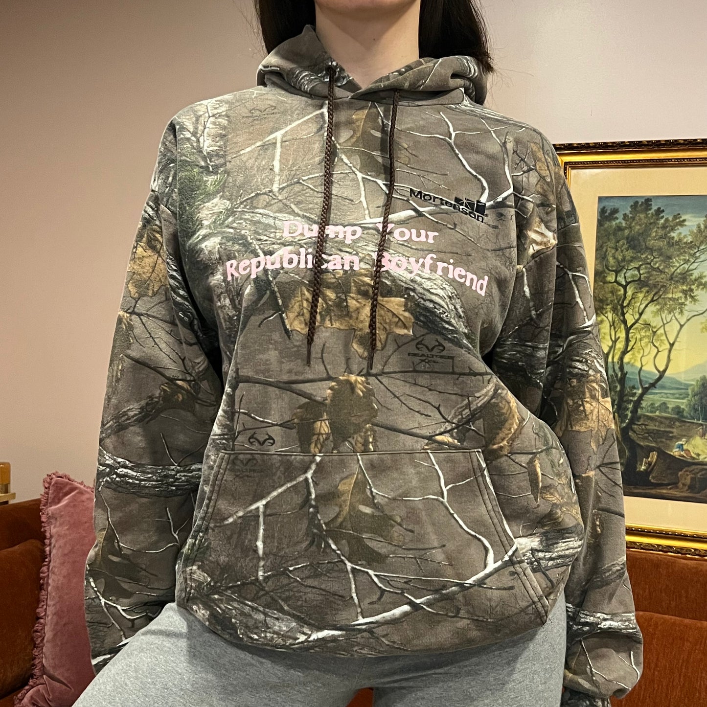 DUMP YOUR REPUBLICAN BOYFRIEND camo hoodie with pink text (L)