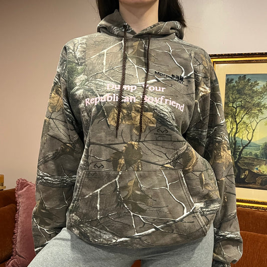 DUMP YOUR REPUBLICAN BOYFRIEND camo hoodie with pink text (L)
