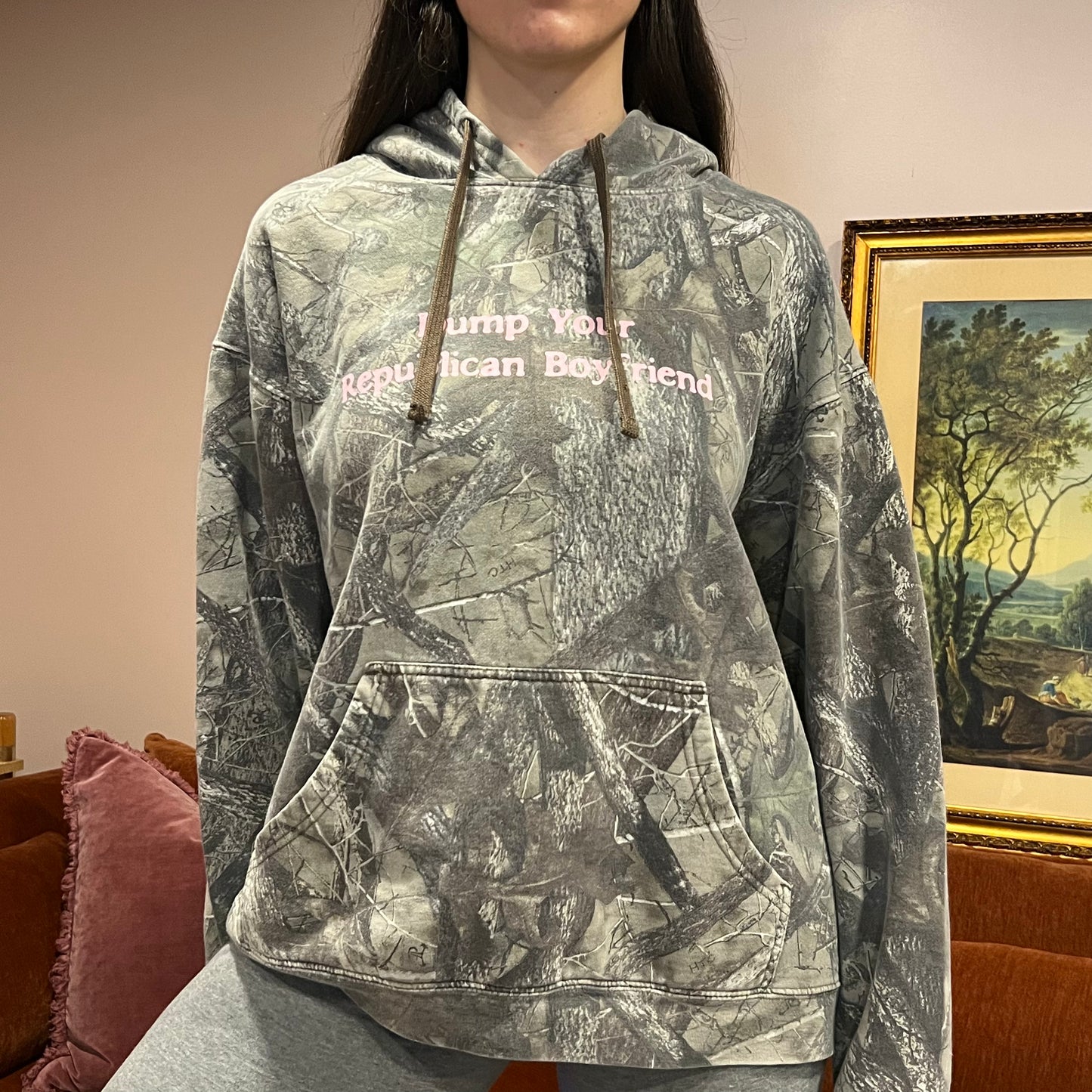 DUMP YOUR REPUBLICAN BOYFRIEND camo hoodie with pink text (XL)
