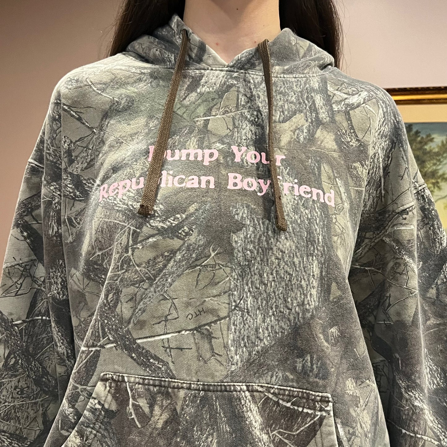 DUMP YOUR REPUBLICAN BOYFRIEND camo hoodie with pink text (XL)