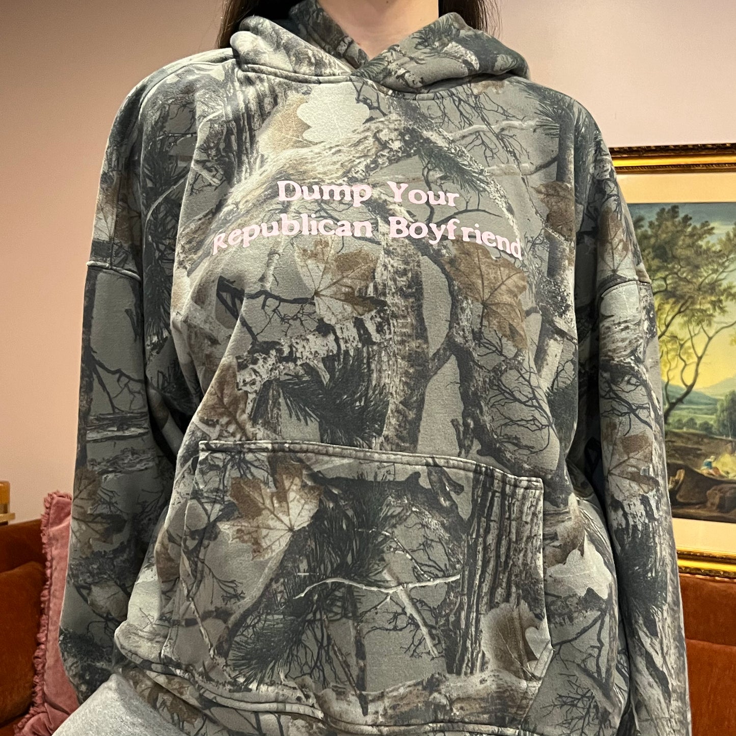DUMP YOUR REPUBLICAN BOYFRIEND camo hoodie with pink text (XL)