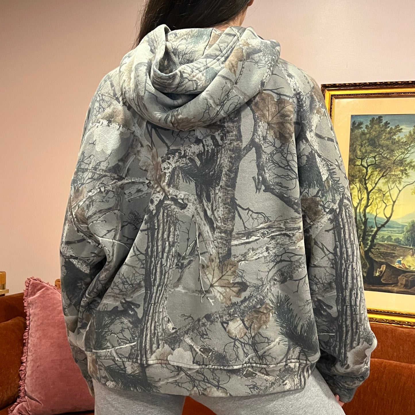 DUMP YOUR REPUBLICAN BOYFRIEND camo hoodie with pink text (XL)
