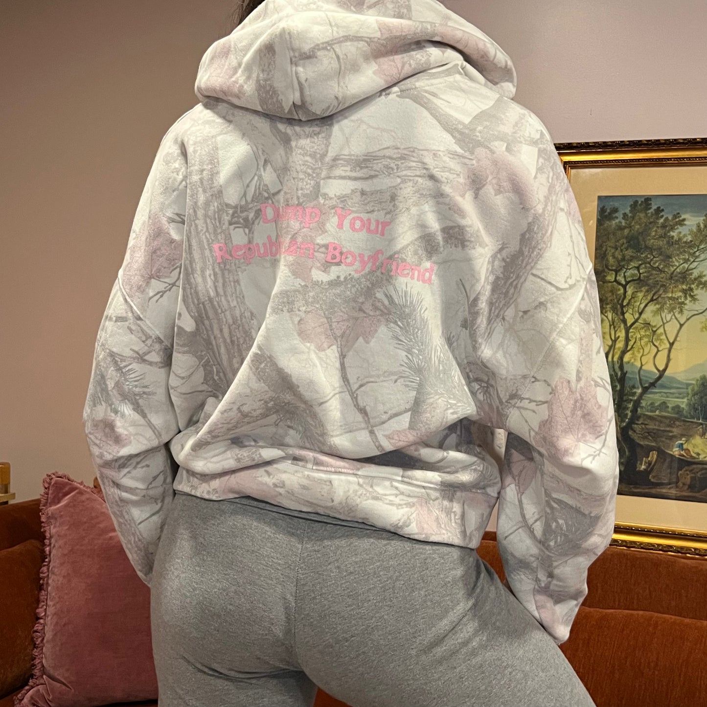 DUMP YOUR REPUBLICAN BOYFRIEND white camo jacket with pink text (M)