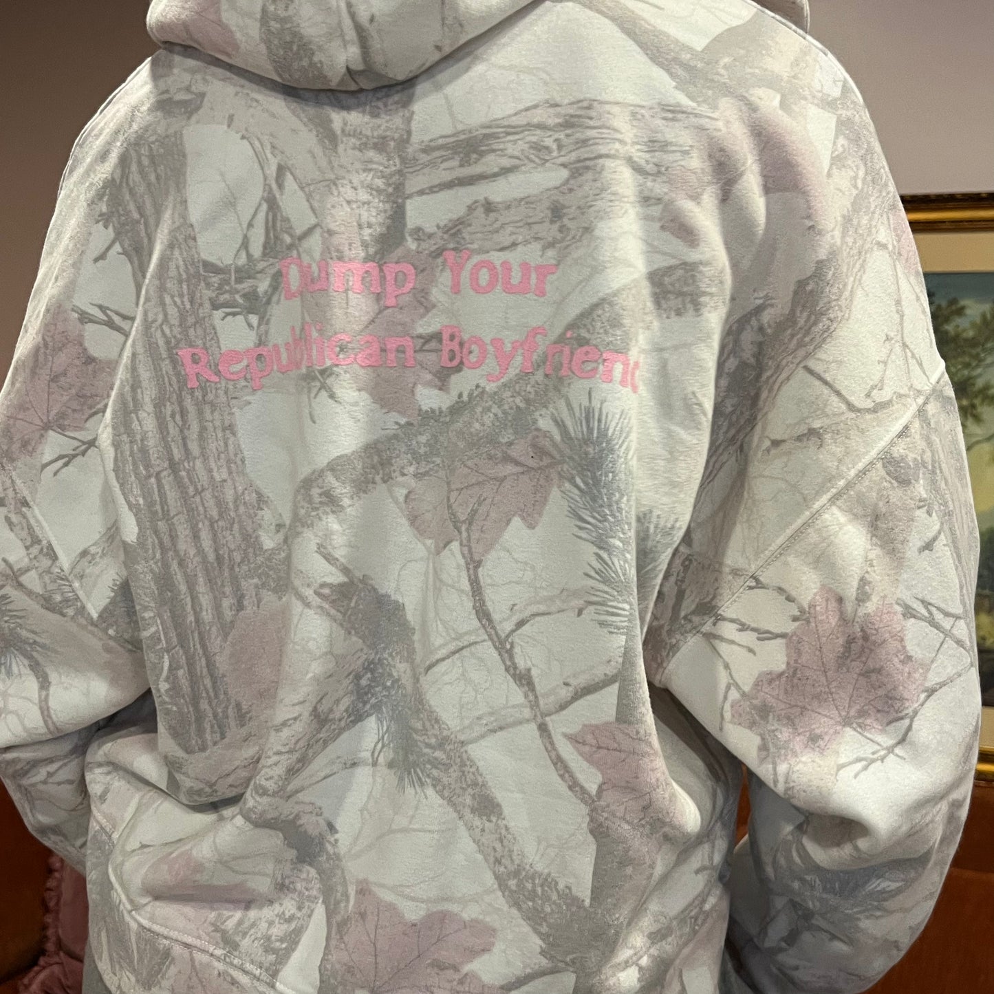 DUMP YOUR REPUBLICAN BOYFRIEND white camo jacket with pink text (M)