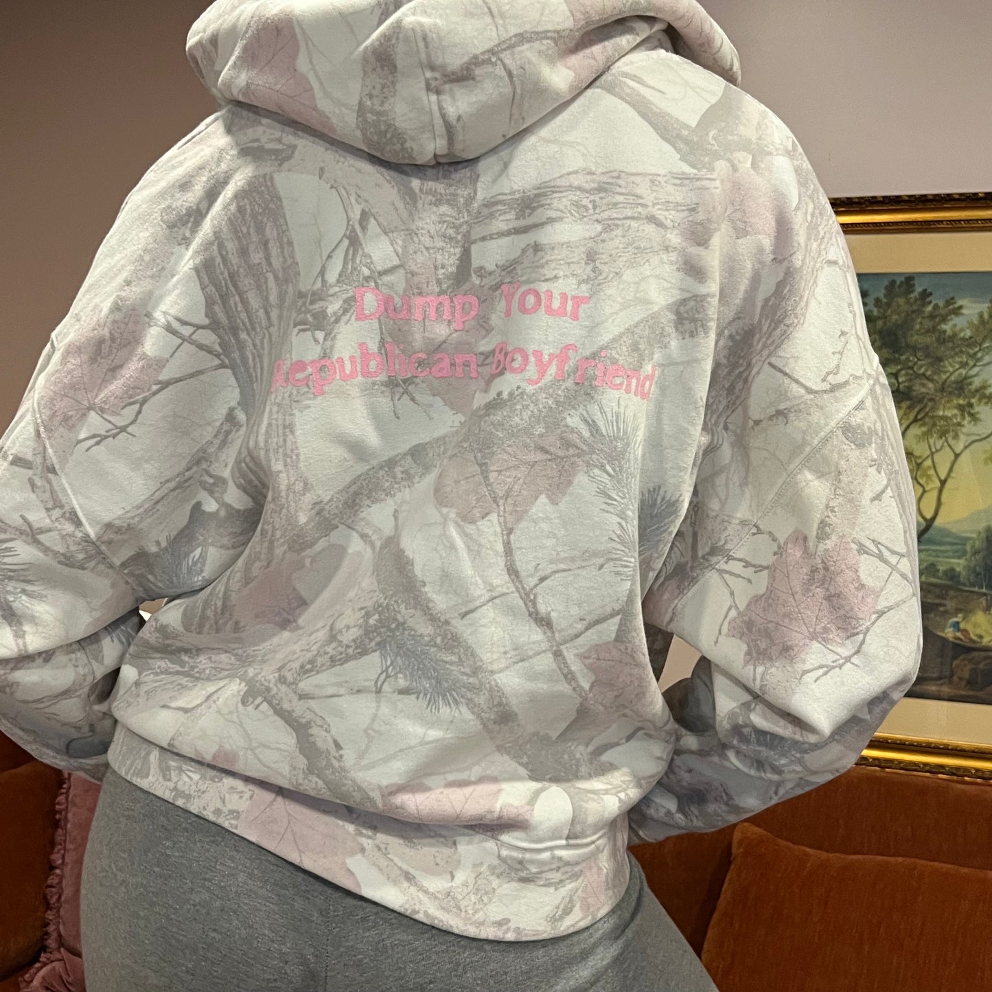 DUMP YOUR REPUBLICAN BOYFRIEND white camo jacket with pink text (M)