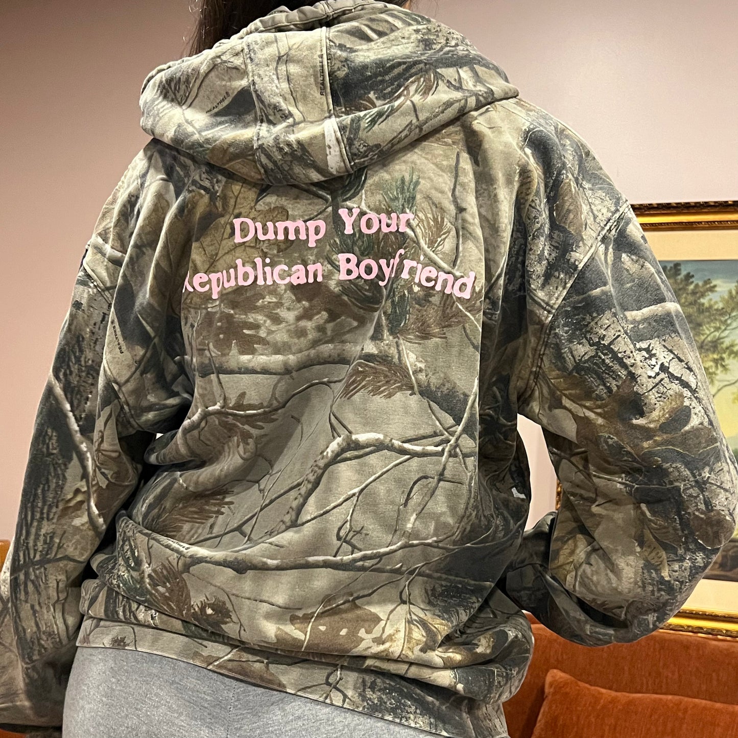 DUMP YOUR REPUBLICAN BOYFRIEND camo jacket with pink text (M)