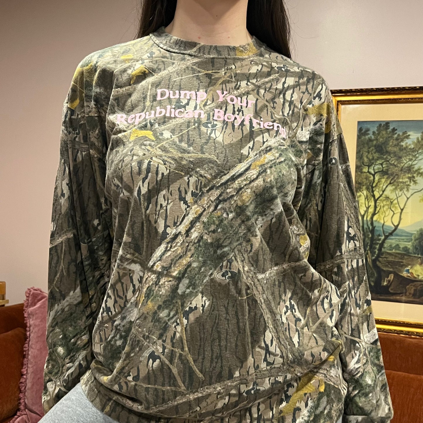 DUMP YOUR REPUBLICAN BOYFRIEND camo long sleeve t-shirt with pink text (L)