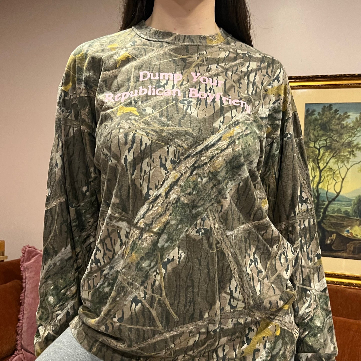 DUMP YOUR REPUBLICAN BOYFRIEND camo long sleeve t-shirt with pink text (L)