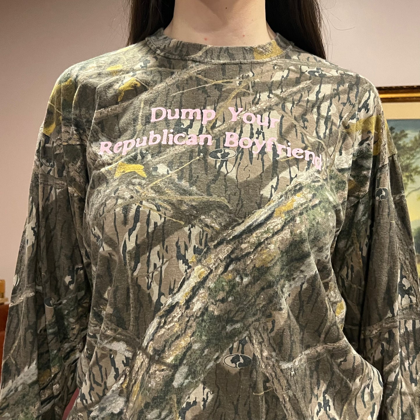 DUMP YOUR REPUBLICAN BOYFRIEND camo long sleeve t-shirt with pink text (L)