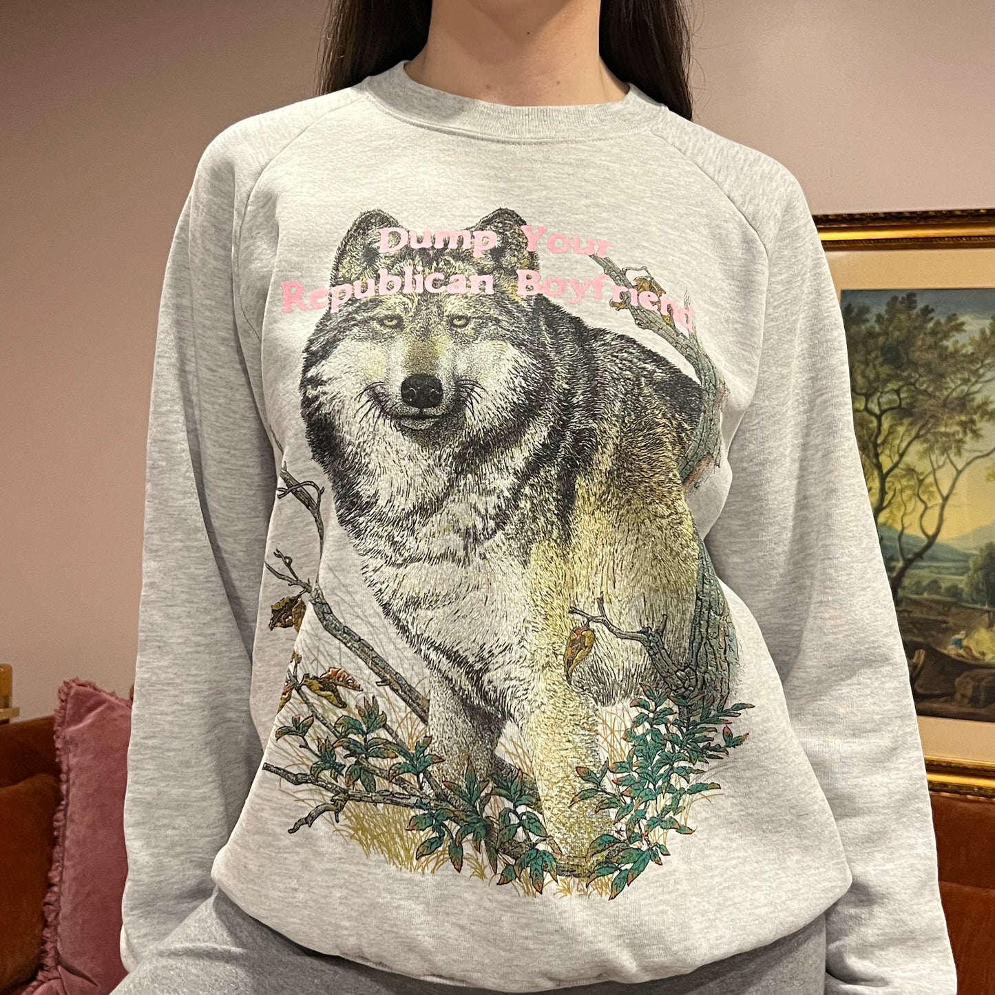 DUMP YOUR REPUBLICAN BOYFRIEND animal crewneck with pink text (L/XL)