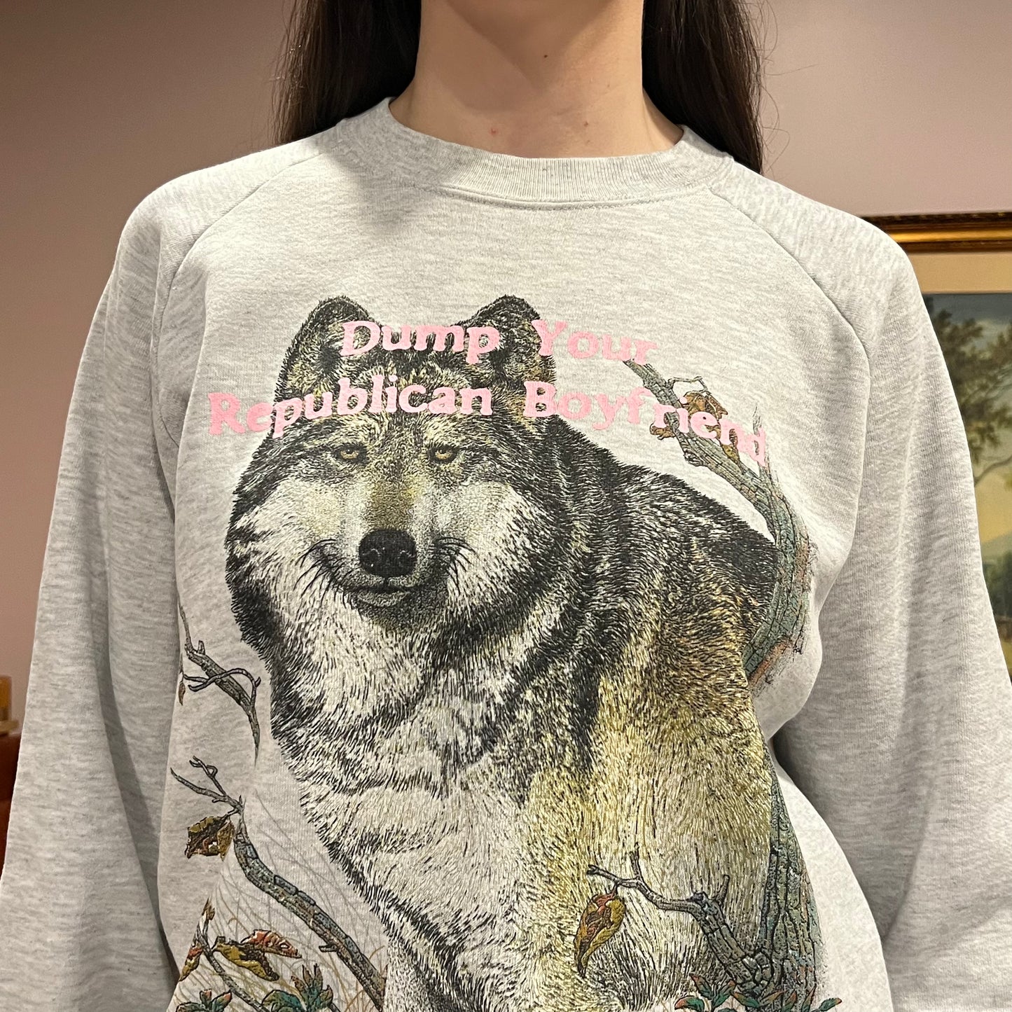 DUMP YOUR REPUBLICAN BOYFRIEND animal crewneck with pink text (L/XL)