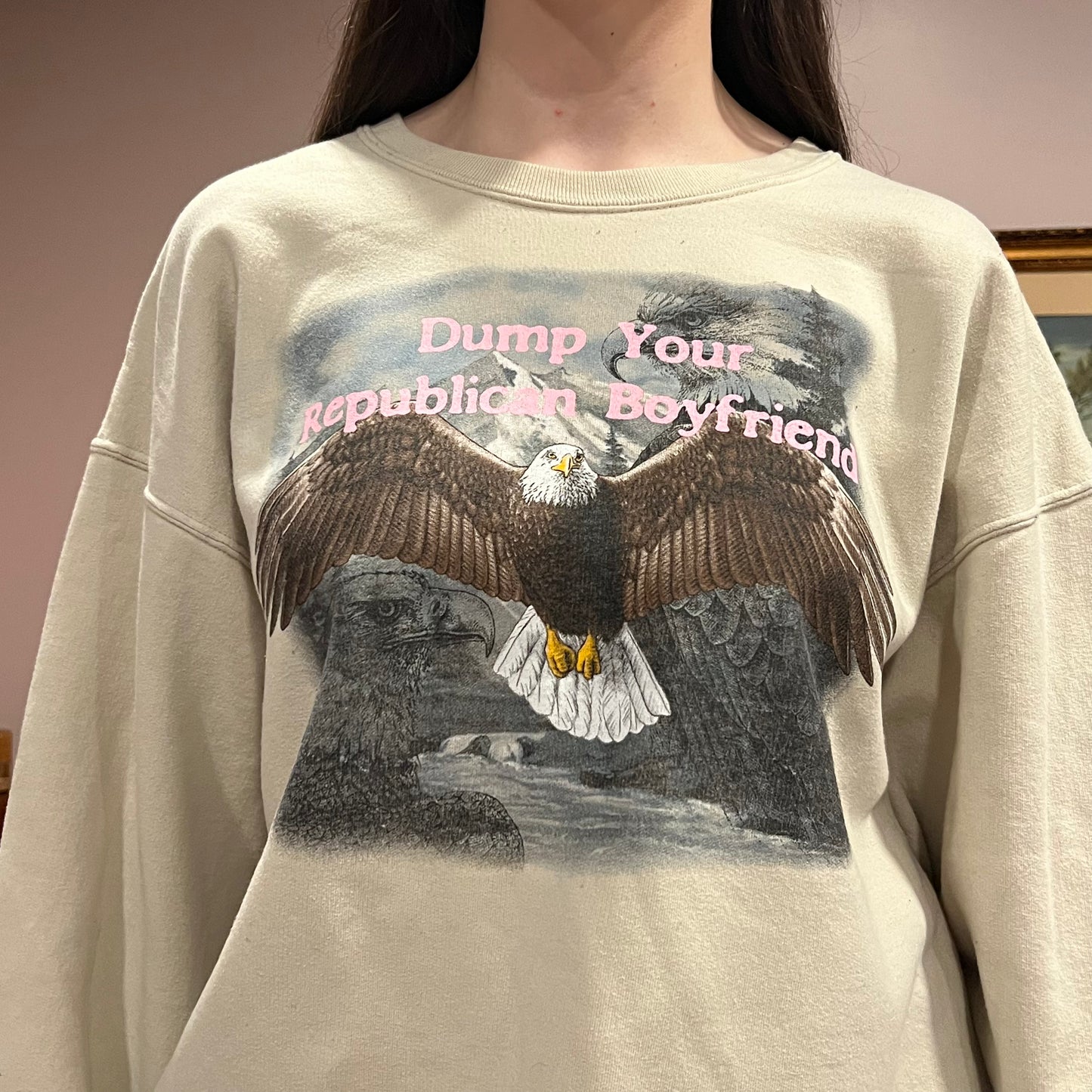 DUMP YOUR REPUBLICAN BOYFRIEND animal crewneck with pink text (2XL)