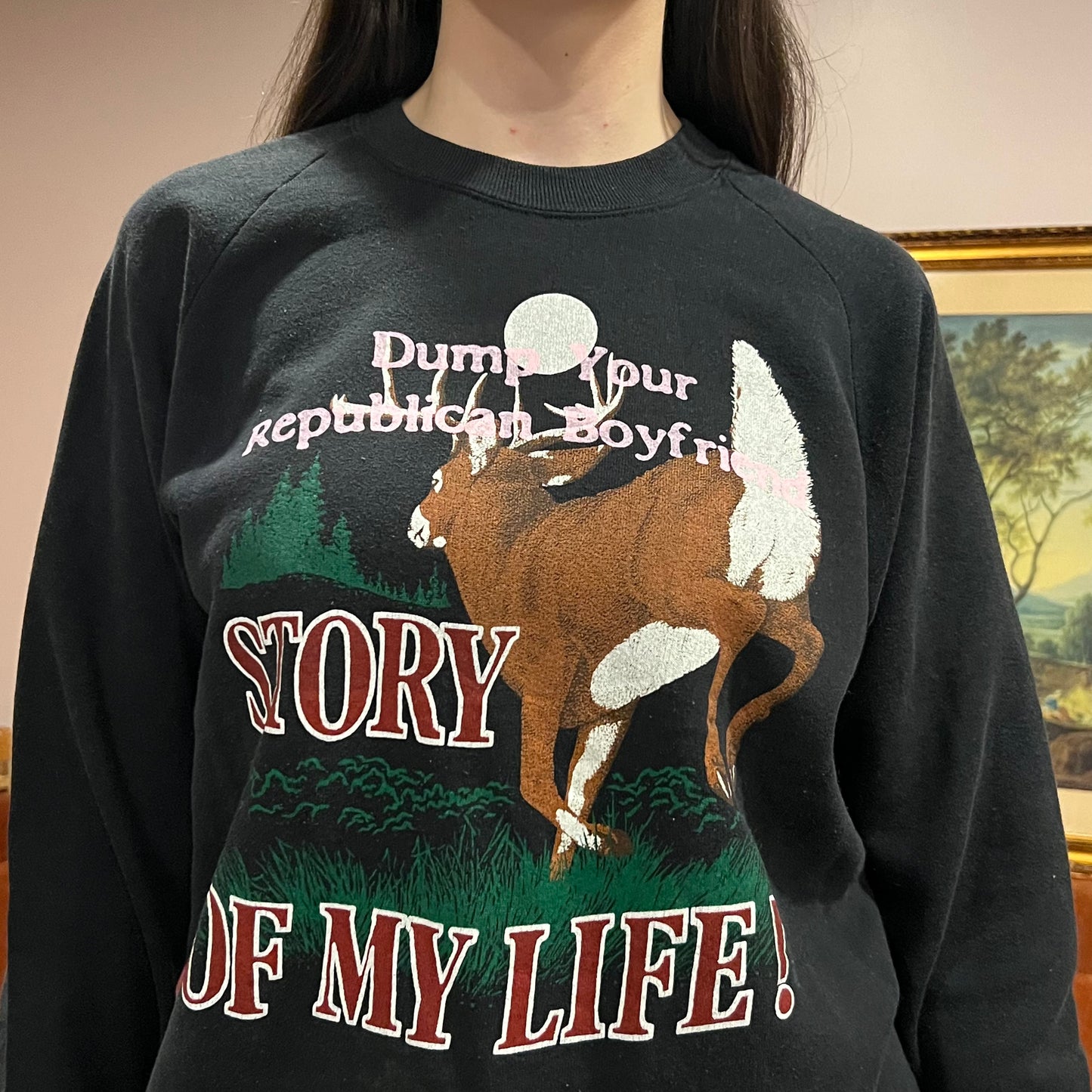 DUMP YOUR REPUBLICAN BOYFRIEND animal crewneck with pink text (XL)