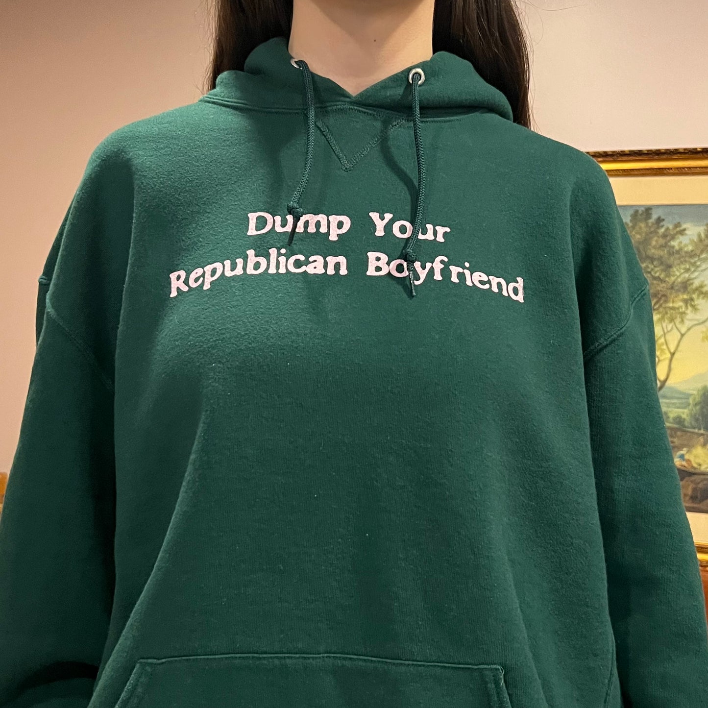 DUMP YOUR REPUBLICAN BOYFRIEND green hoodie with pink text (2XL)