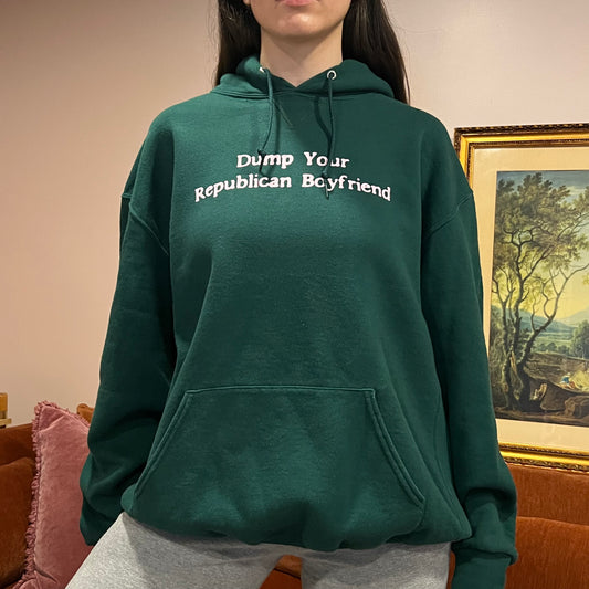 DUMP YOUR REPUBLICAN BOYFRIEND green hoodie with pink text (2XL)