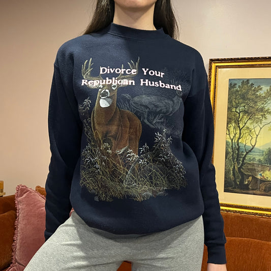 DIVORCE YOUR REPUBLICAN HUSBAND animal crewneck with pink text (M)