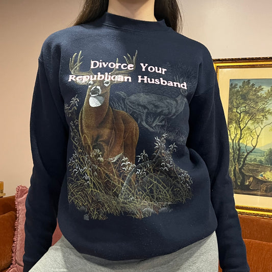 DIVORCE YOUR REPUBLICAN HUSBAND animal crewneck with pink text (M)