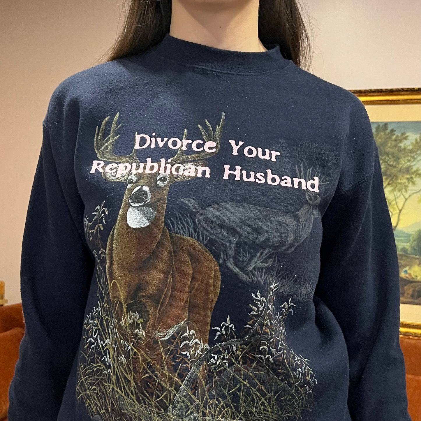 DIVORCE YOUR REPUBLICAN HUSBAND animal crewneck with pink text (M)