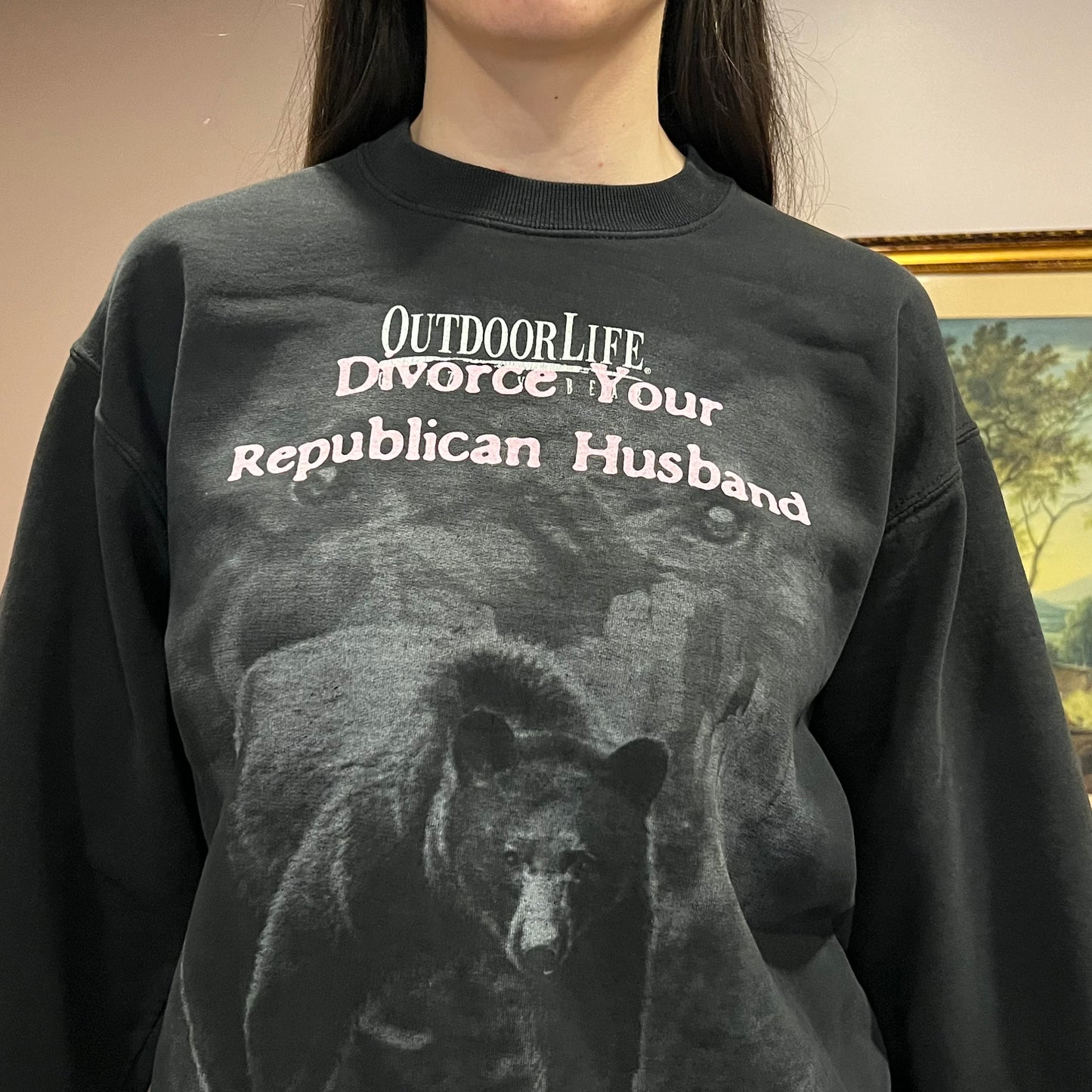 DIVORCE YOUR REPUBLICAN HUSBAND animal crewneck with pink text (M)