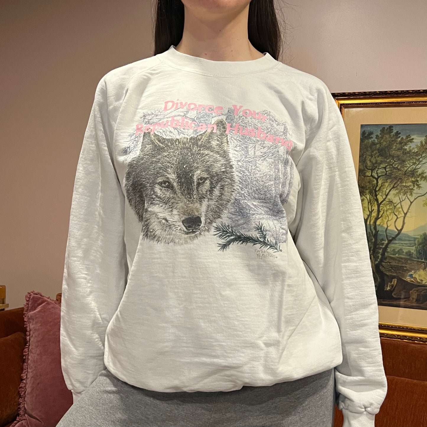 DIVORCE YOUR REPUBLICAN HUSBAND animal crewneck with pink text (XL)