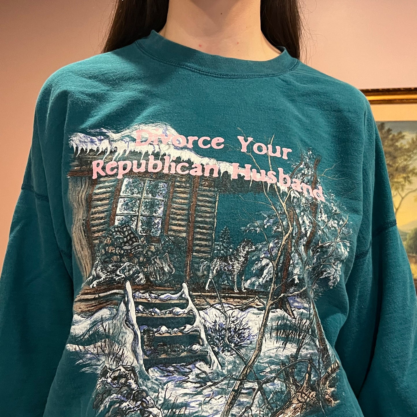 DIVORCE YOUR REPUBLICAN HUSBAND animal crewneck with pink text (XL)