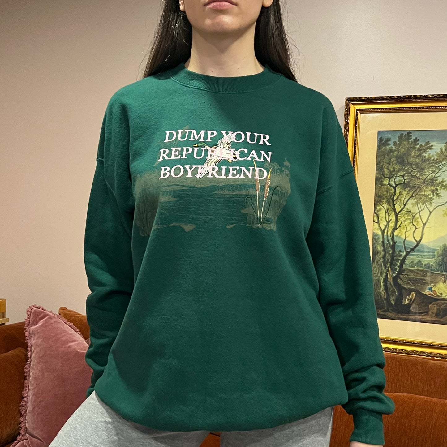 DUMP YOUR REPUBLICAN BOYFRIEND animal crewneck with pink text (XL)