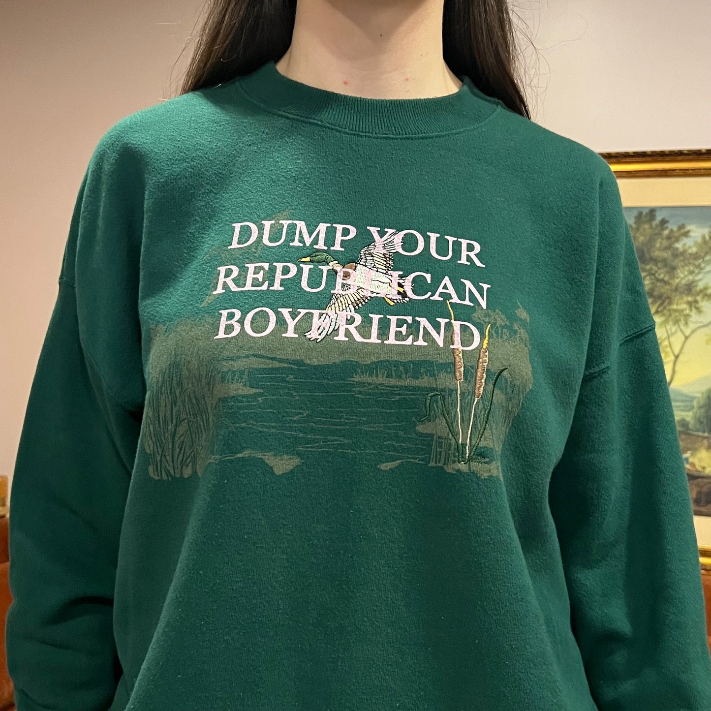 DUMP YOUR REPUBLICAN BOYFRIEND animal crewneck with pink text (XL)
