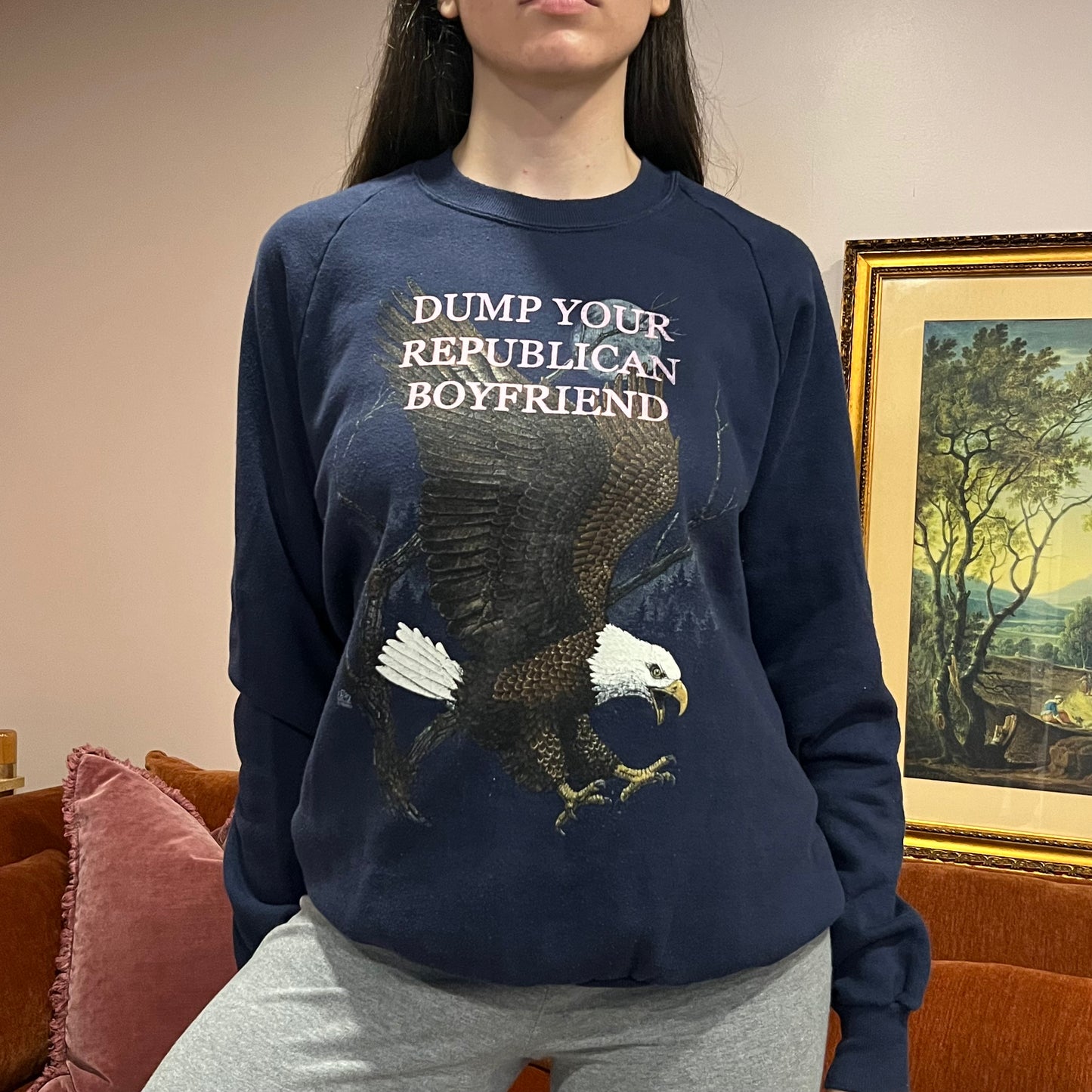 DUMP YOUR REPUBLICAN BOYFRIEND animal crewneck with pink text (L/XL)