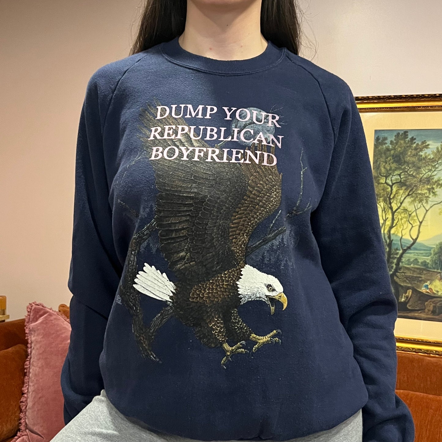 DUMP YOUR REPUBLICAN BOYFRIEND animal crewneck with pink text (L/XL)