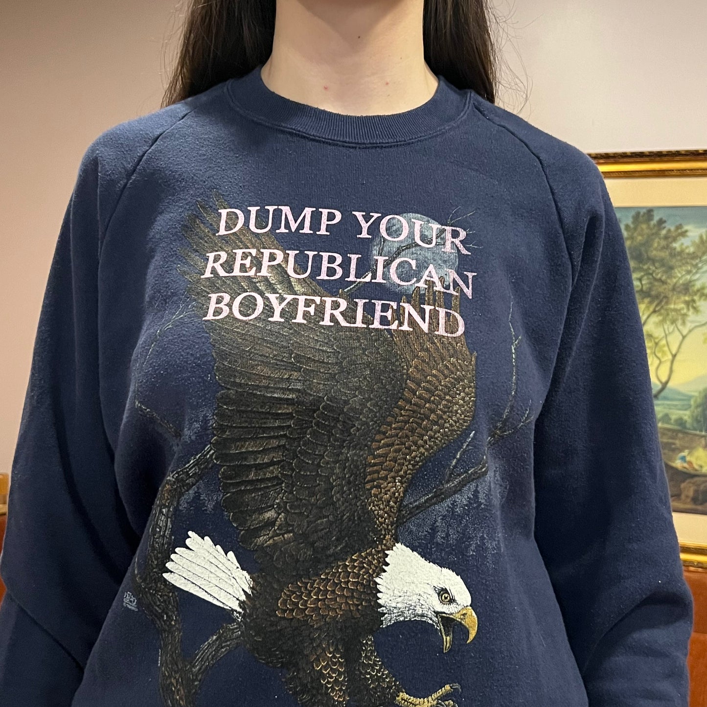 DUMP YOUR REPUBLICAN BOYFRIEND animal crewneck with pink text (L/XL)