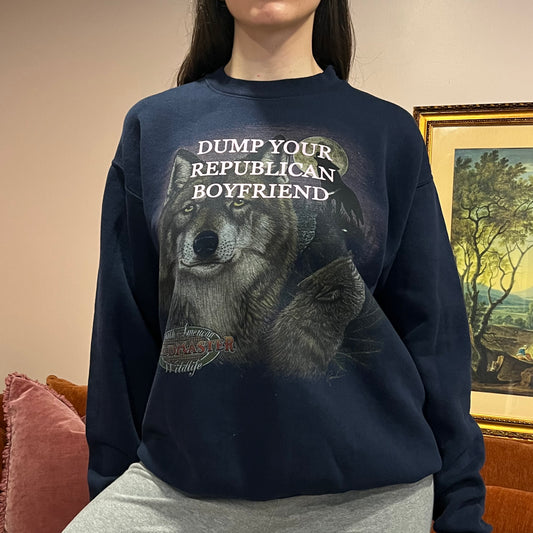 DUMP YOUR REPUBLICAN BOYFRIEND animal crewneck with pink text (L)