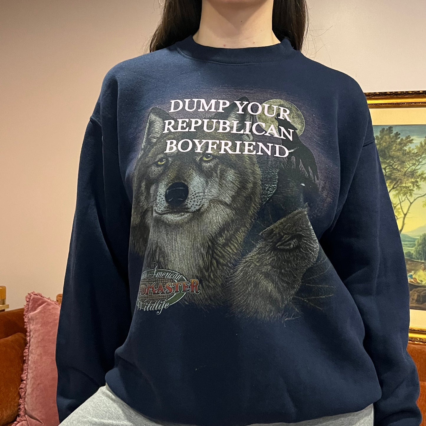 DUMP YOUR REPUBLICAN BOYFRIEND animal crewneck with pink text (L)