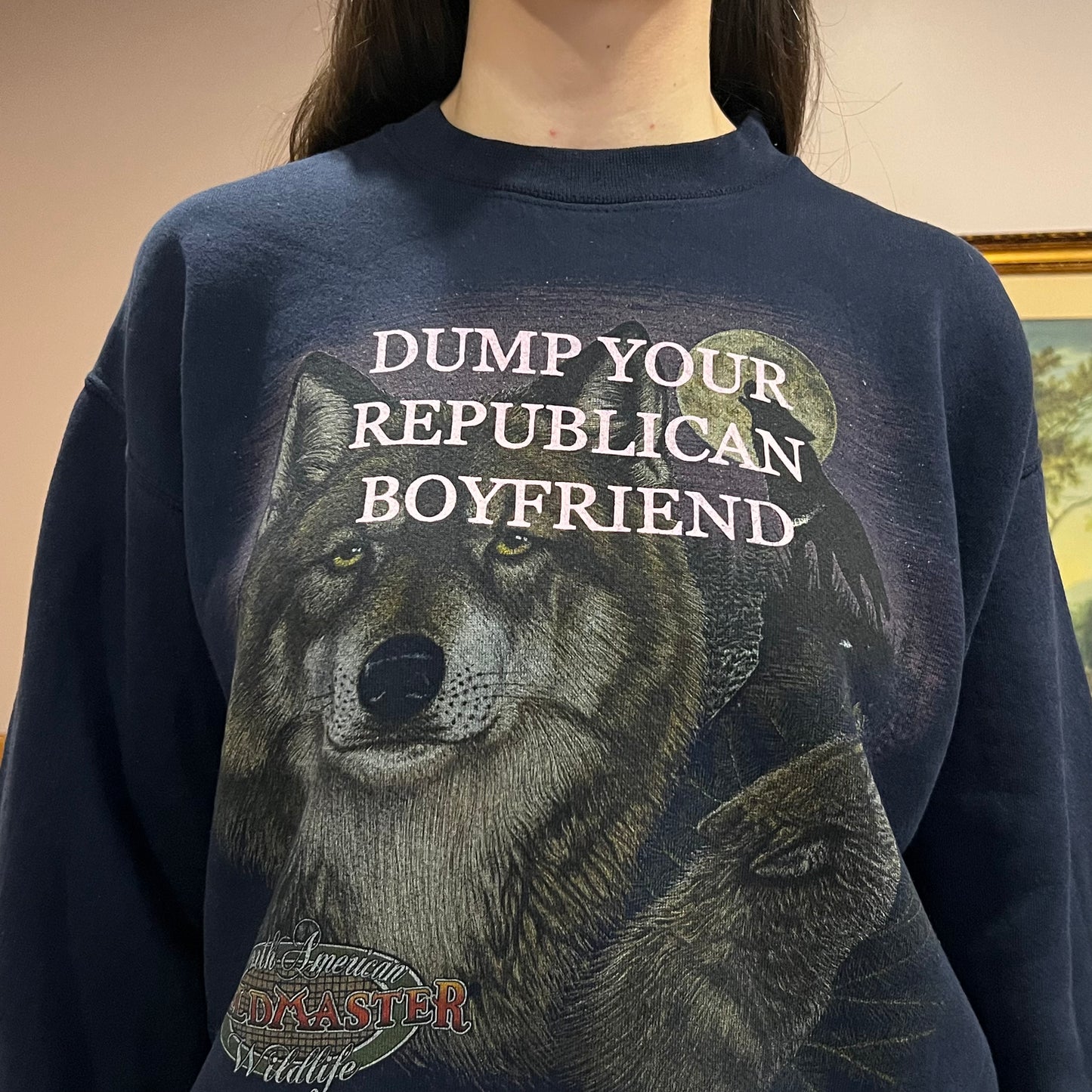DUMP YOUR REPUBLICAN BOYFRIEND animal crewneck with pink text (L)