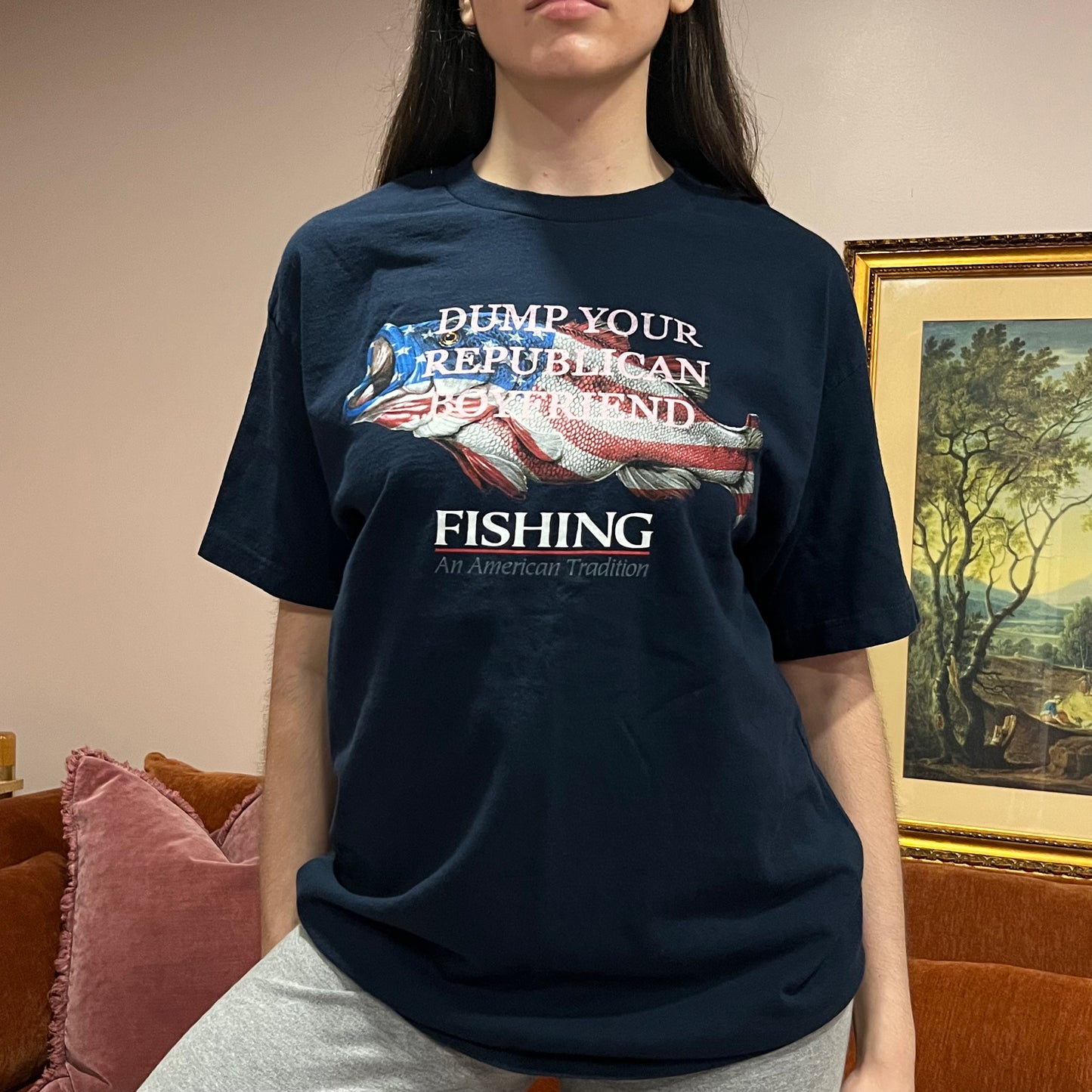 DUMP YOUR REPUBLICAN BOYFRIEND animal t-shirt with pink text (L)