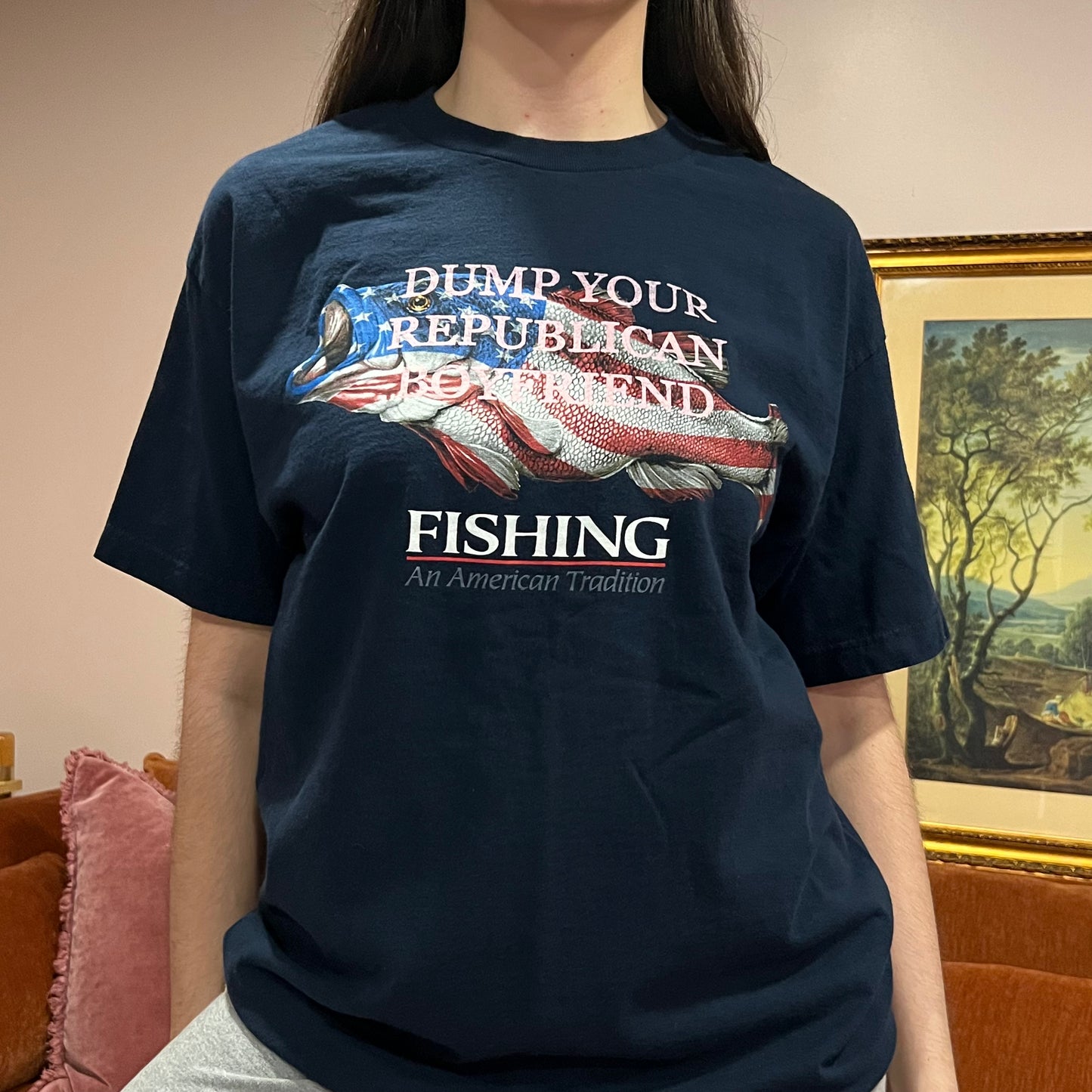 DUMP YOUR REPUBLICAN BOYFRIEND animal t-shirt with pink text (L)