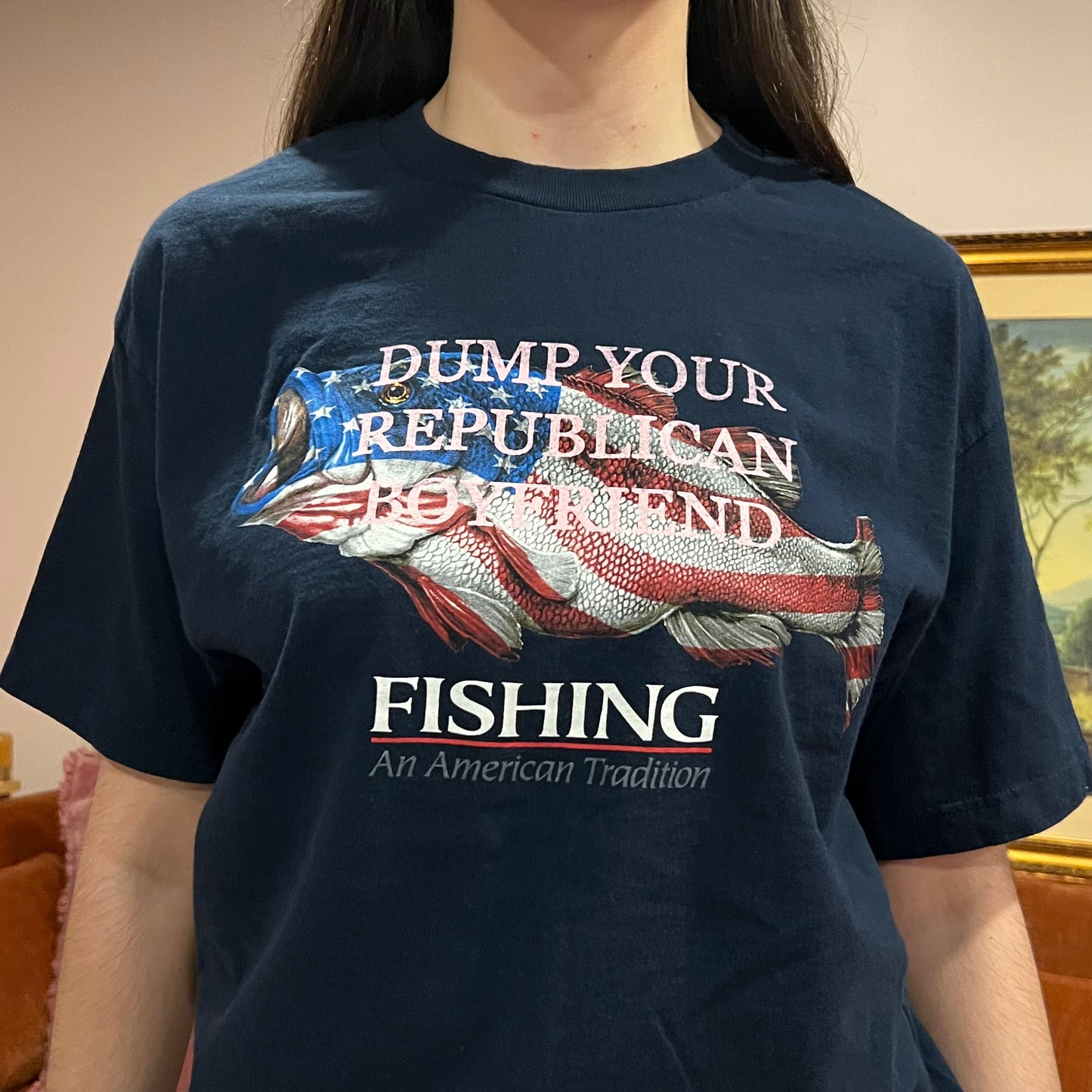 DUMP YOUR REPUBLICAN BOYFRIEND animal t-shirt with pink text (L)